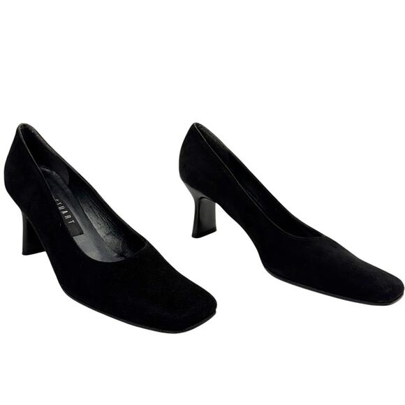 Vintage Stuart Weitzman Black Suede Leather Square Toe Wide Mid Heel Pump Sz 7 - Picture 1 of 15